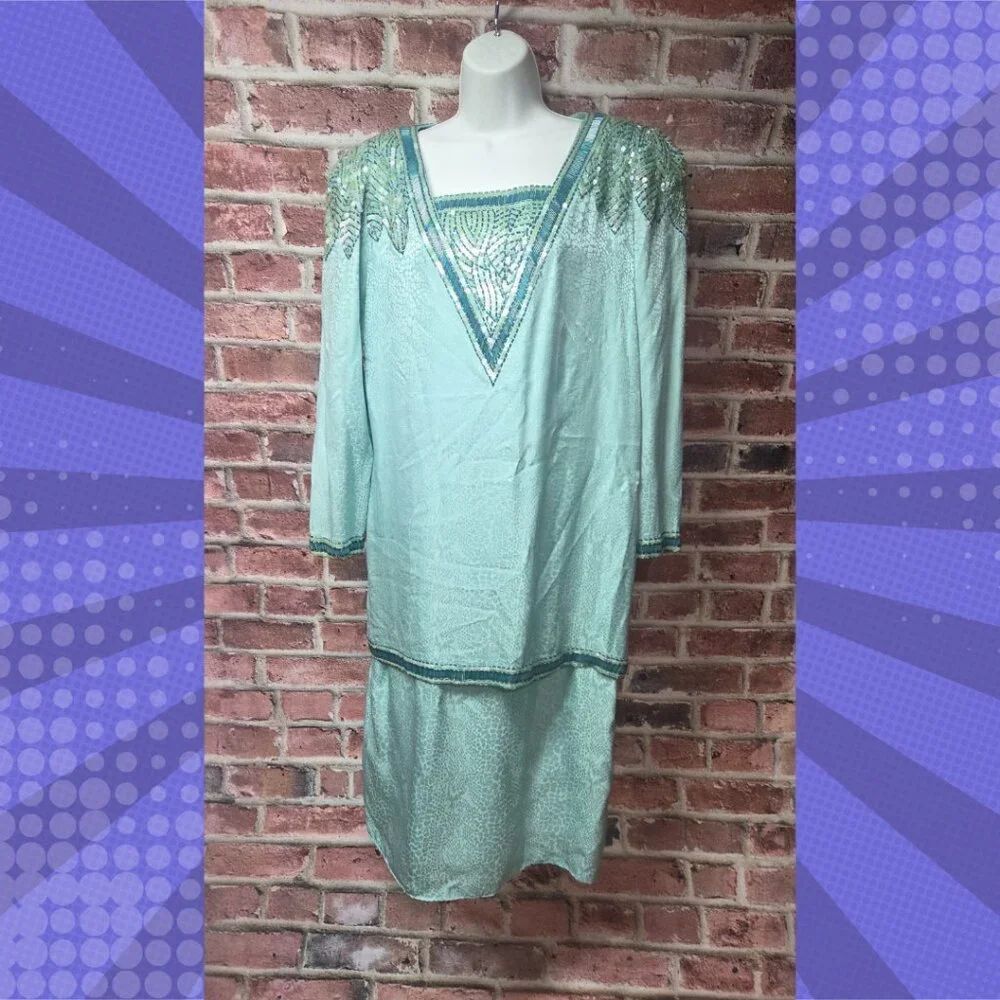 Vintage Davidson’s Beaded Silk Dress Women’s 100% Silk Sequin Art Deco Midi Gown